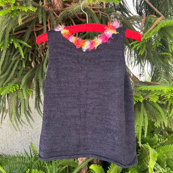 Vtg Black Sleeveless Loose Knit Top with Fuzzy Multicolor Neckline | Small - Picture 8 of 8